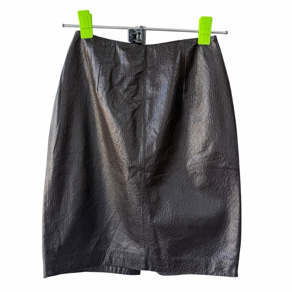 Lord & Taylor Chocolate Brown 100% Leather Ostrich Skin Pencil Skirt size 4